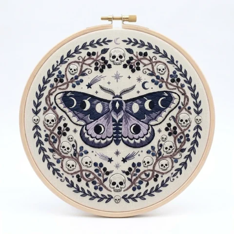 Lunar Skull Moth hand embroidery design