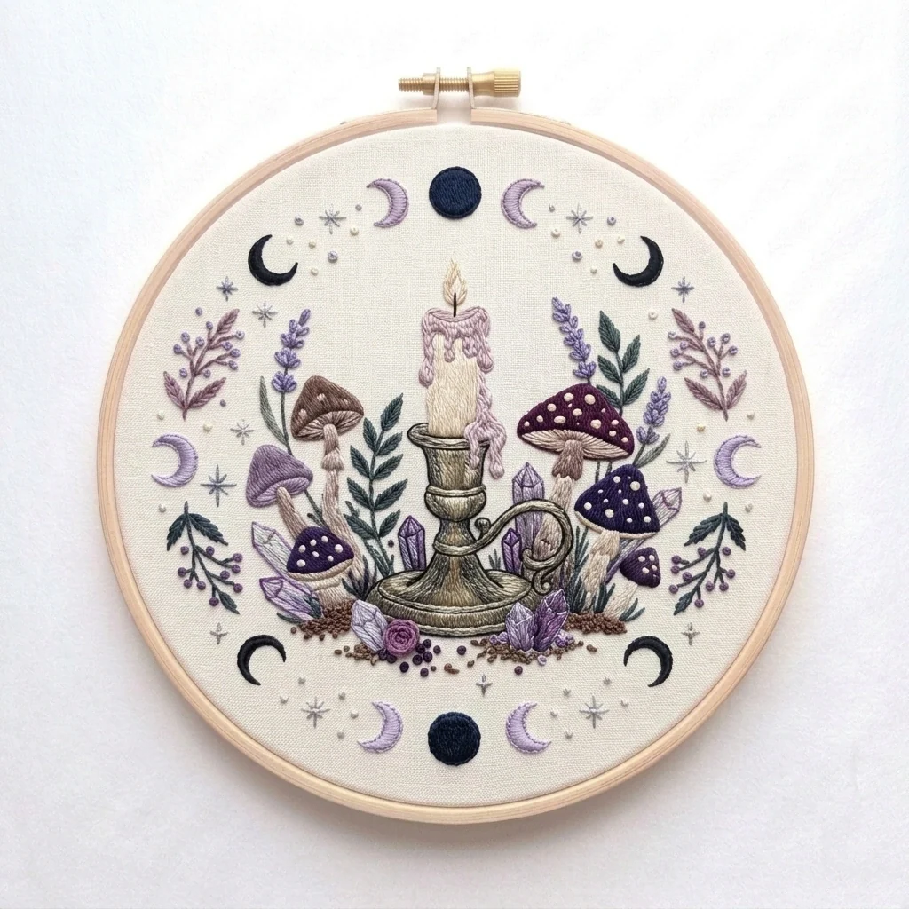 Melting Candle with Six Mushrooms Moon Phases Crystals and Botanical colored hand embroidery design