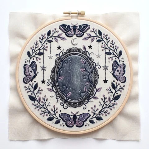 Midnight Oval Mirror with Moths Crescent Moon and Lavender Botanical hand embroidery design