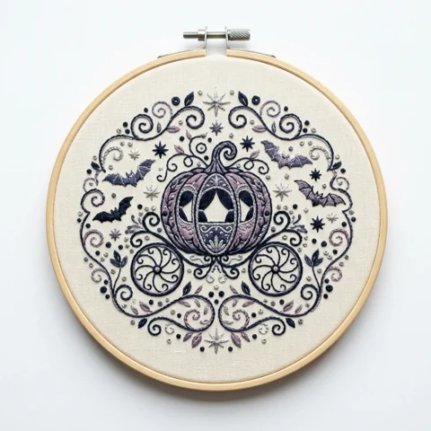 Midnight Pumpkin Carriage with Bats Stars Filigree hand embroidery design