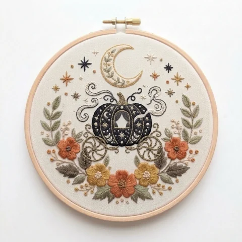 Midnight Pumpkin Carriage with Crescent Moon Stars and Autumn Florals hand embroidery design