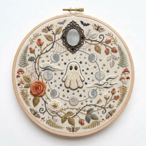 Mirror Ghost Moon Phases Rose Garden Wreath hand embroidery design