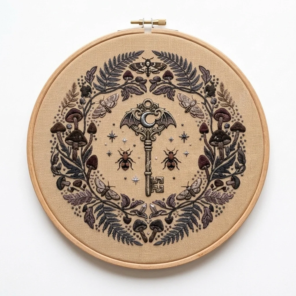 Moon Key Woodland Emblem colored hand embroidery design