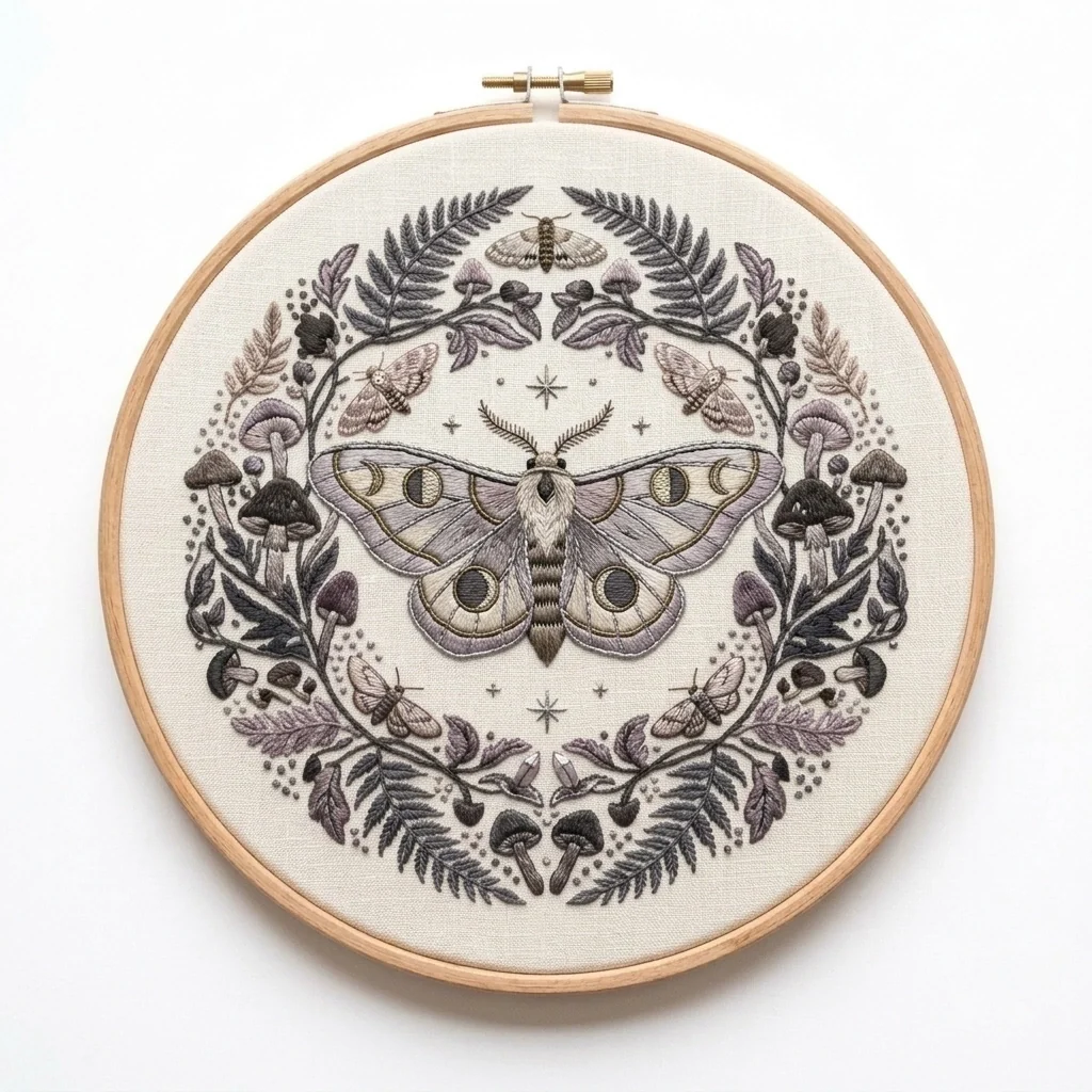 Moon Moth Mushrooms Woodland Wreath colored hand embroidery design