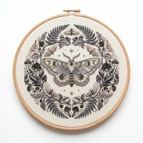 Moon Moth Mushrooms Woodland Wreath hand embroidery design