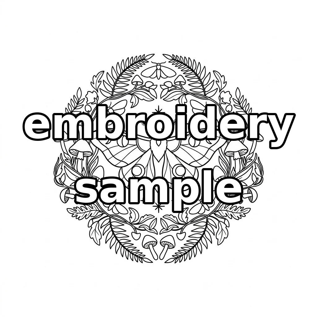 Watermarked Moon Moth Mushrooms Woodland Wreath embroidery outline