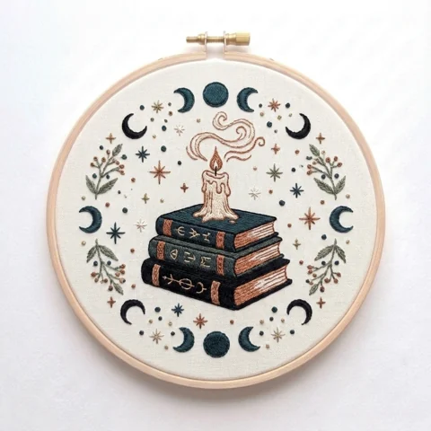 Moon Phase Books Candle Botanical hand embroidery design