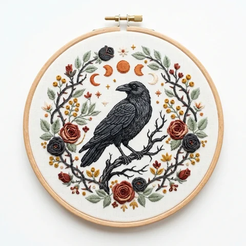 Moon Phase Crow Autumn Rose Wreath hand embroidery design