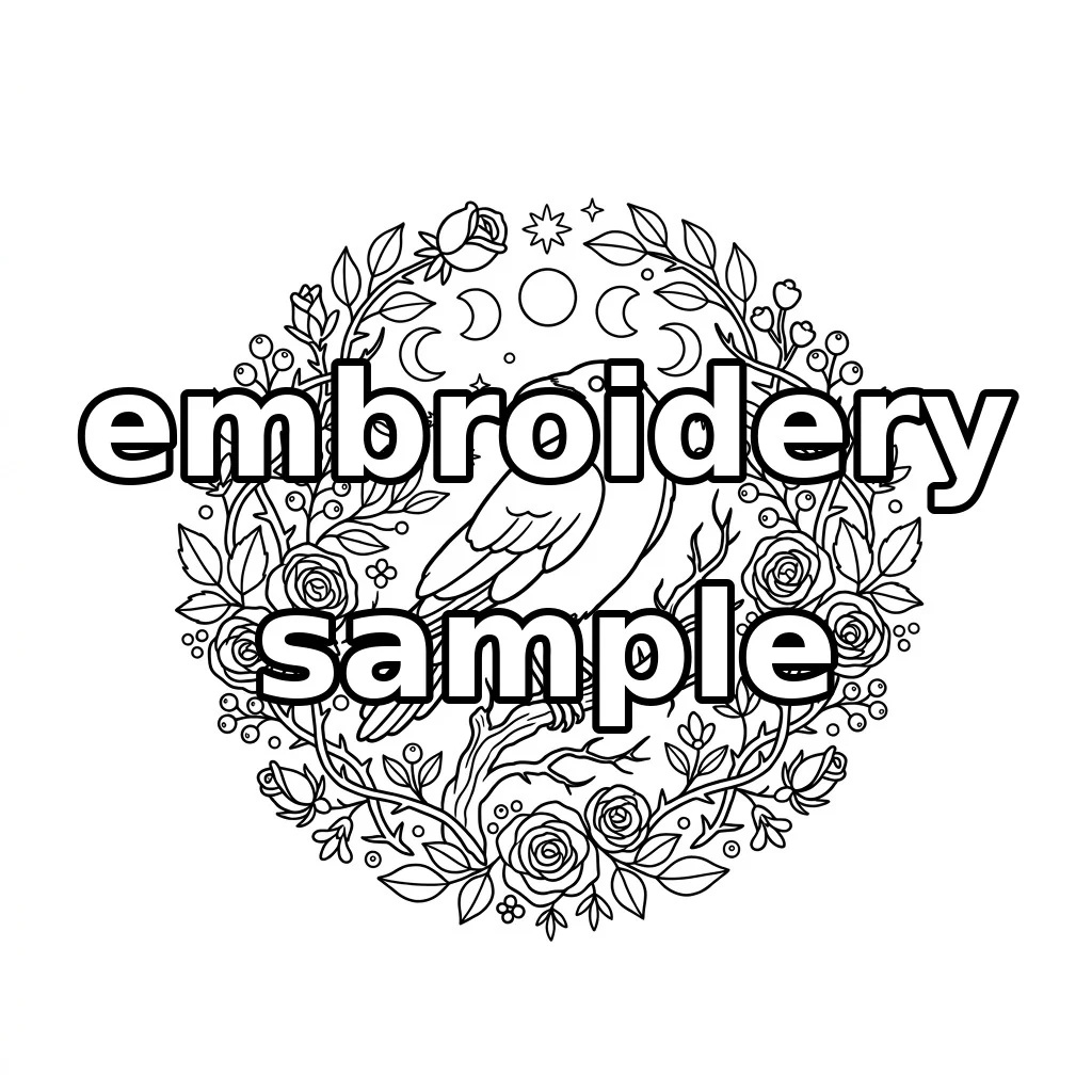 Watermarked Moon Phase Crow Autumn Rose Wreath embroidery outline