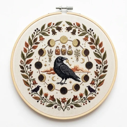 Moon Phase Crow Key Apothecary Wreath hand embroidery design