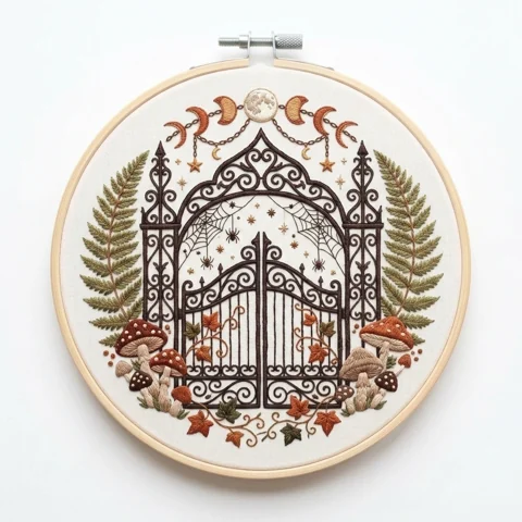 Moon Phase Garden Gate Ferns Mushroom Wreath hand embroidery design