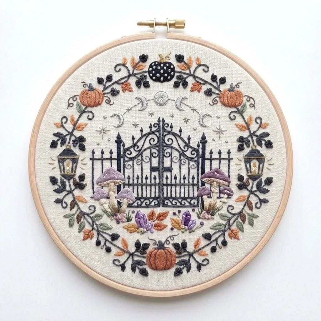 Moon Phase Garden Gate Mushrooms Autumn Wreath colored hand embroidery design