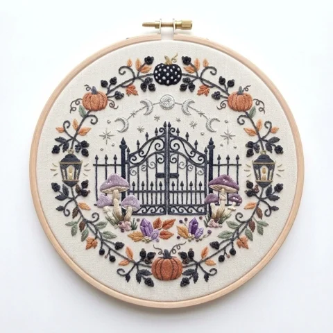 Moon Phase Garden Gate Mushrooms Autumn Wreath hand embroidery design
