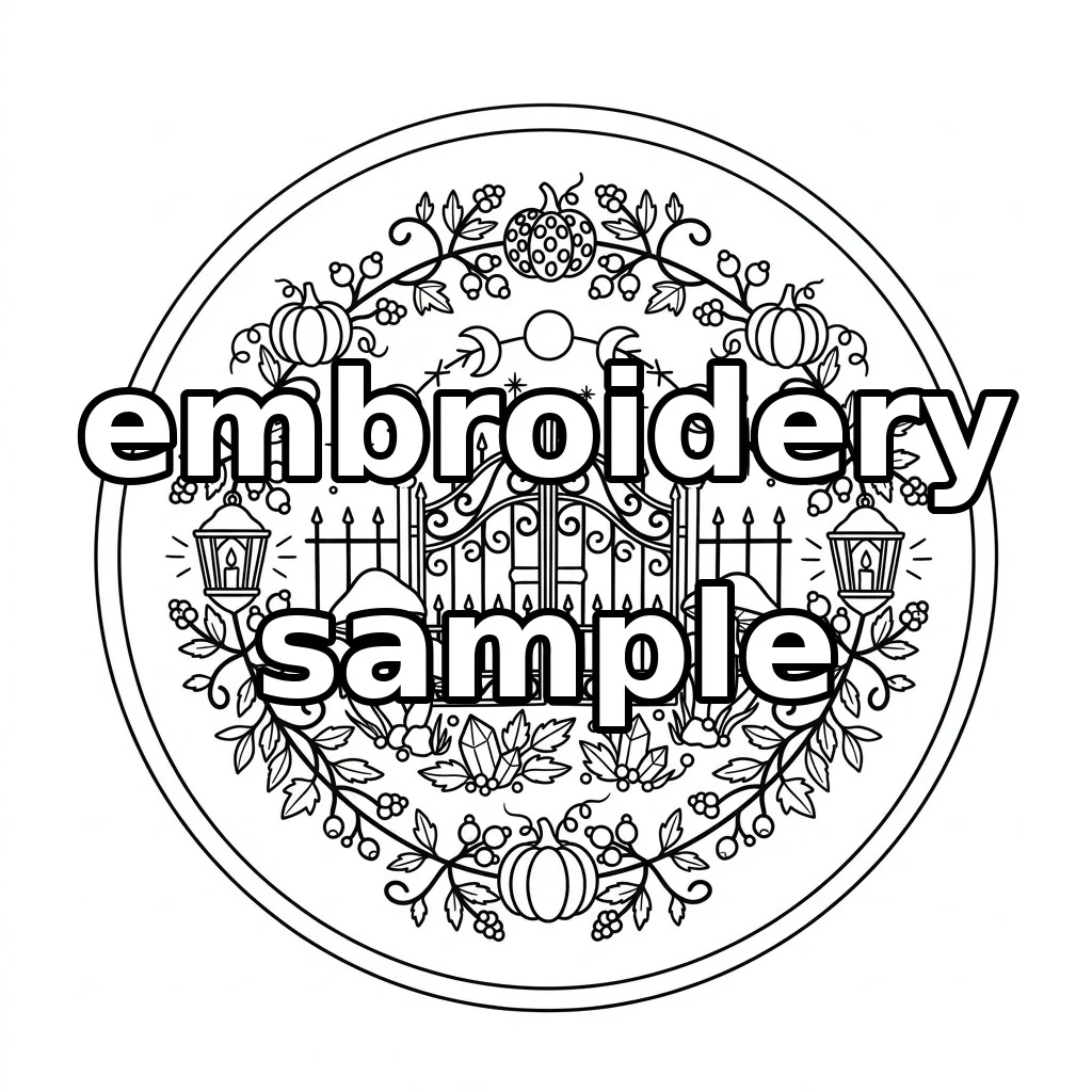 Watermarked Moon Phase Garden Gate Mushrooms Autumn Wreath embroidery outline