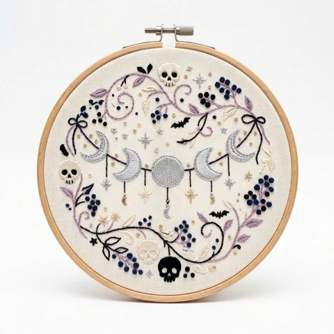 Moon Phase Garland Skulls Bats Botanical Wreath hand embroidery design