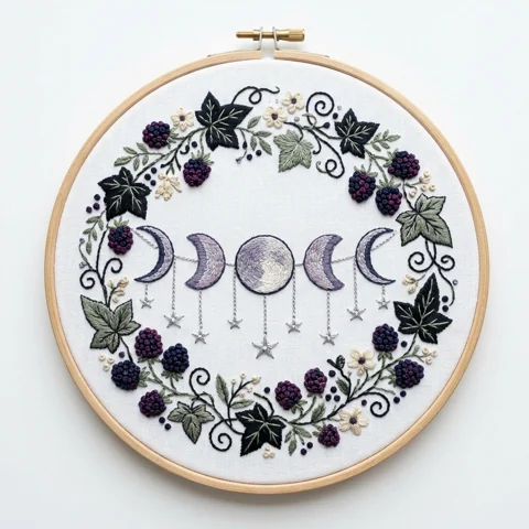 Moon Phase Garland with Blackberries Ivy and Hanging Stars hand embroidery design