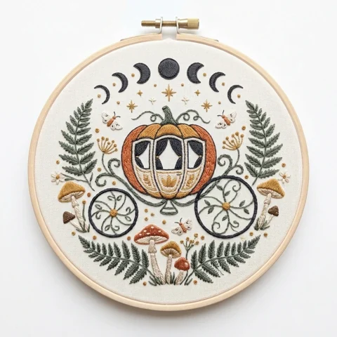 Moon Phase Pumpkin Carriage with Mushrooms and Ferns hand embroidery design