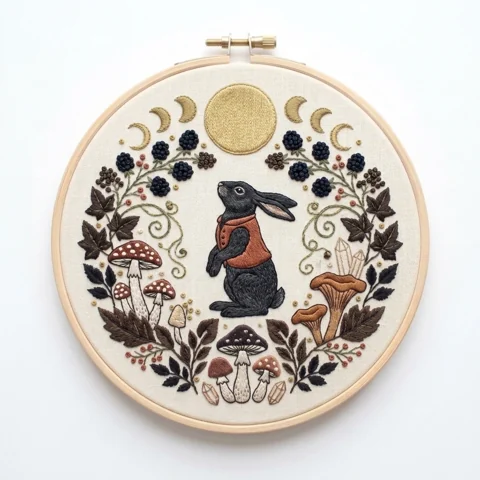 Moon Phase Rabbit with Mushrooms Berries and Crystal Accents hand embroidery design