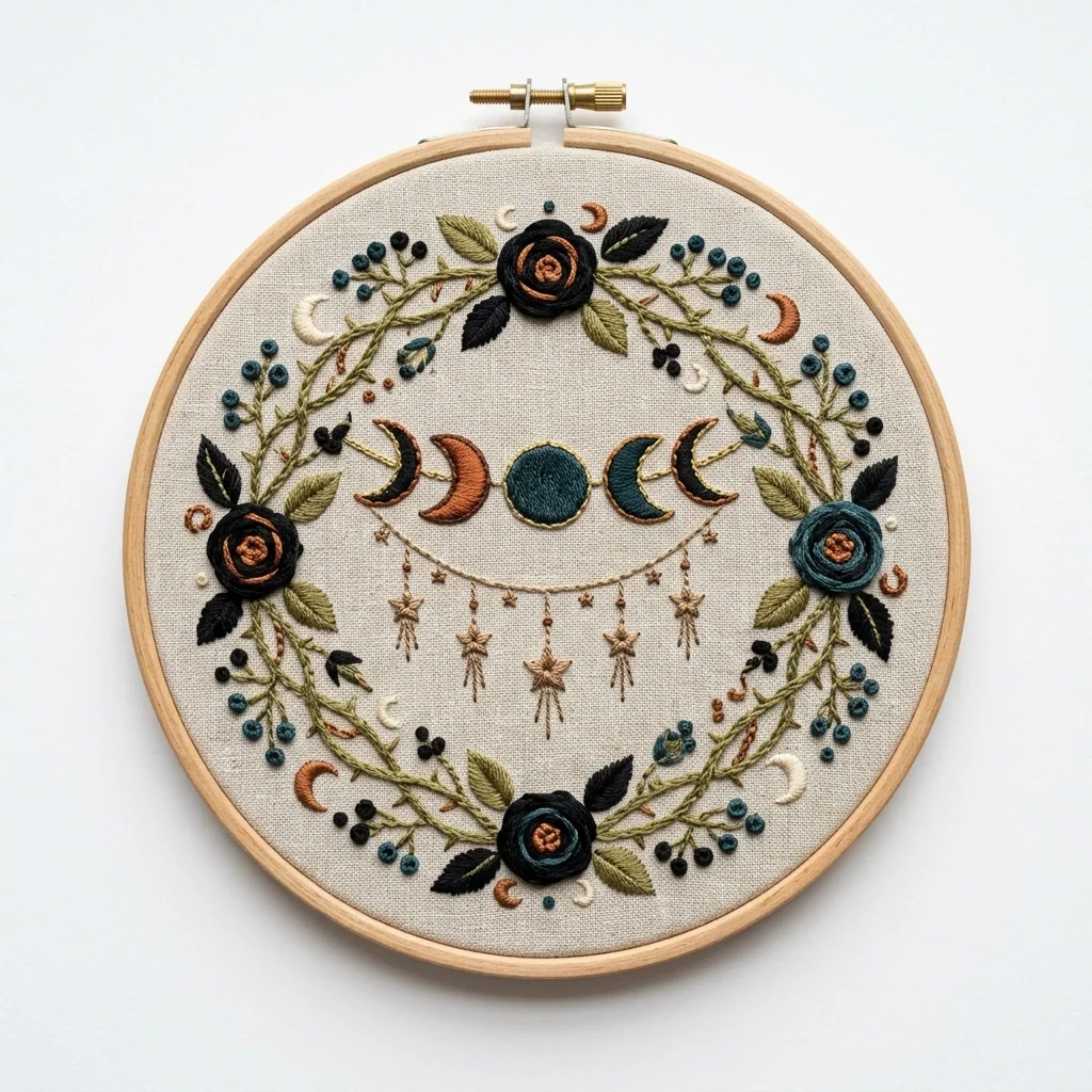 Moon Phases Dark Roses Autumn Wreath colored hand embroidery design