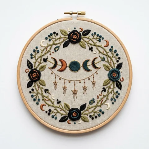 Moon Phases Dark Roses Autumn Wreath hand embroidery design