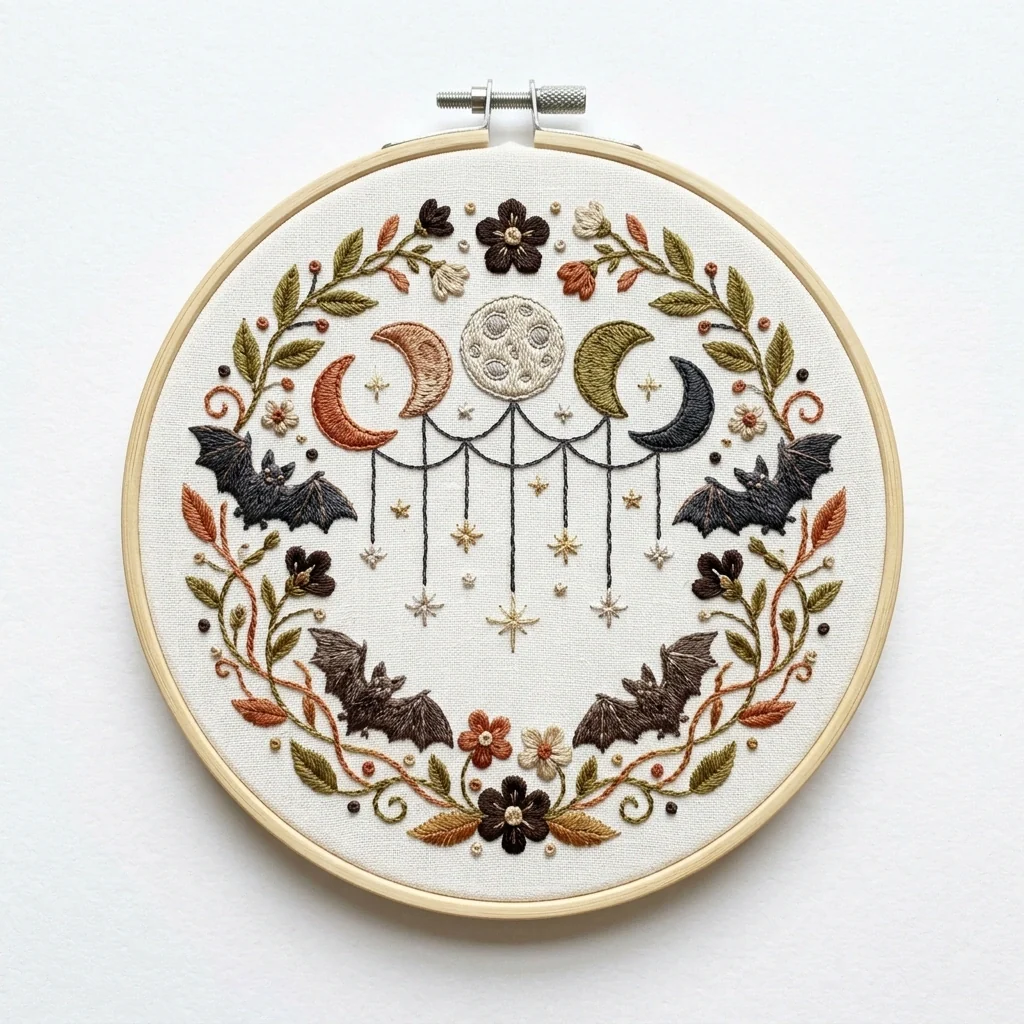 Moon Phases with Four Bats Hanging Stars and Autumn Botanical Wreath colored hand embroidery design