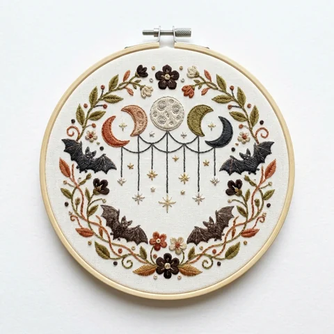 Moon Phases with Four Bats Hanging Stars and Autumn Botanical Wreath hand embroidery design