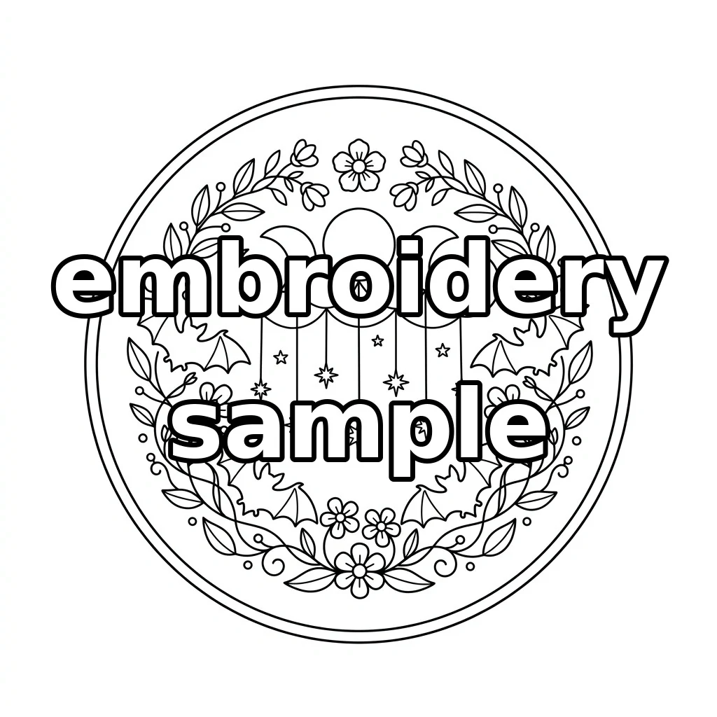 Watermarked Moon Phases with Four Bats Hanging Stars and Autumn Botanical Wreath embroidery outline