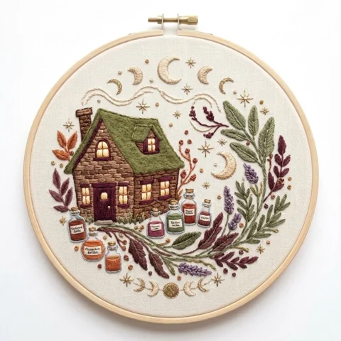 Moonlit Apothecary Cottage Botanical Wreath hand embroidery design