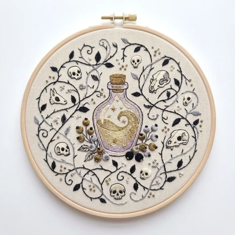 Moonlit Apothecary Flask with Skull Vines Bone Motifs and Golden hand embroidery design