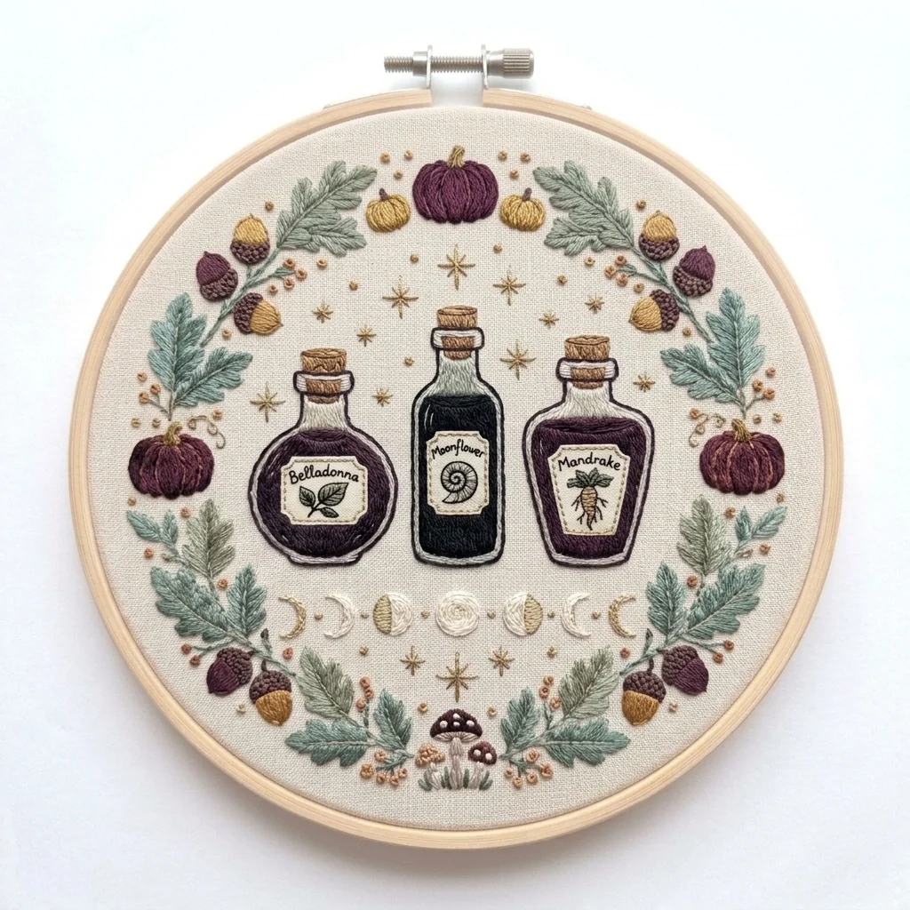 Moonlit Apothecary Wreath colored hand embroidery design