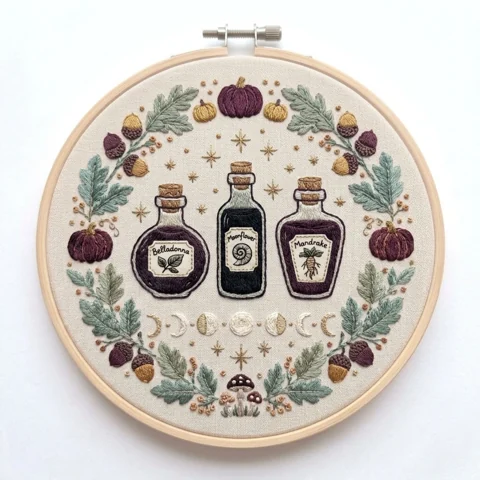 Moonlit Apothecary Wreath hand embroidery design