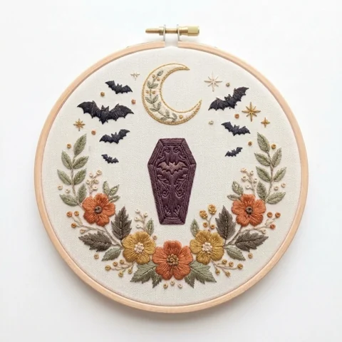 Moonlit Bat Coffin Autumn Floral Wreath hand embroidery design