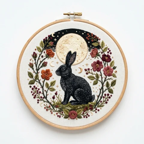 Moonlit Black Rabbit Autumn Floral Wreath hand embroidery design