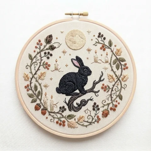 Moonlit Black Rabbit Autumn Vine Wreath hand embroidery design