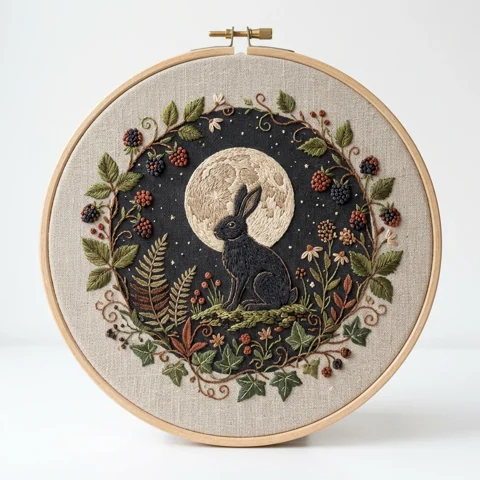 Moonlit Black Rabbit Blackberry Ivy Wreath hand embroidery design