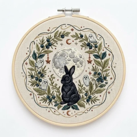 Moonlit Black Rabbit Ghosts Berry Wreath hand embroidery design