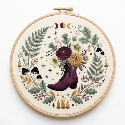 Moonlit Botanical Boot hand embroidery design