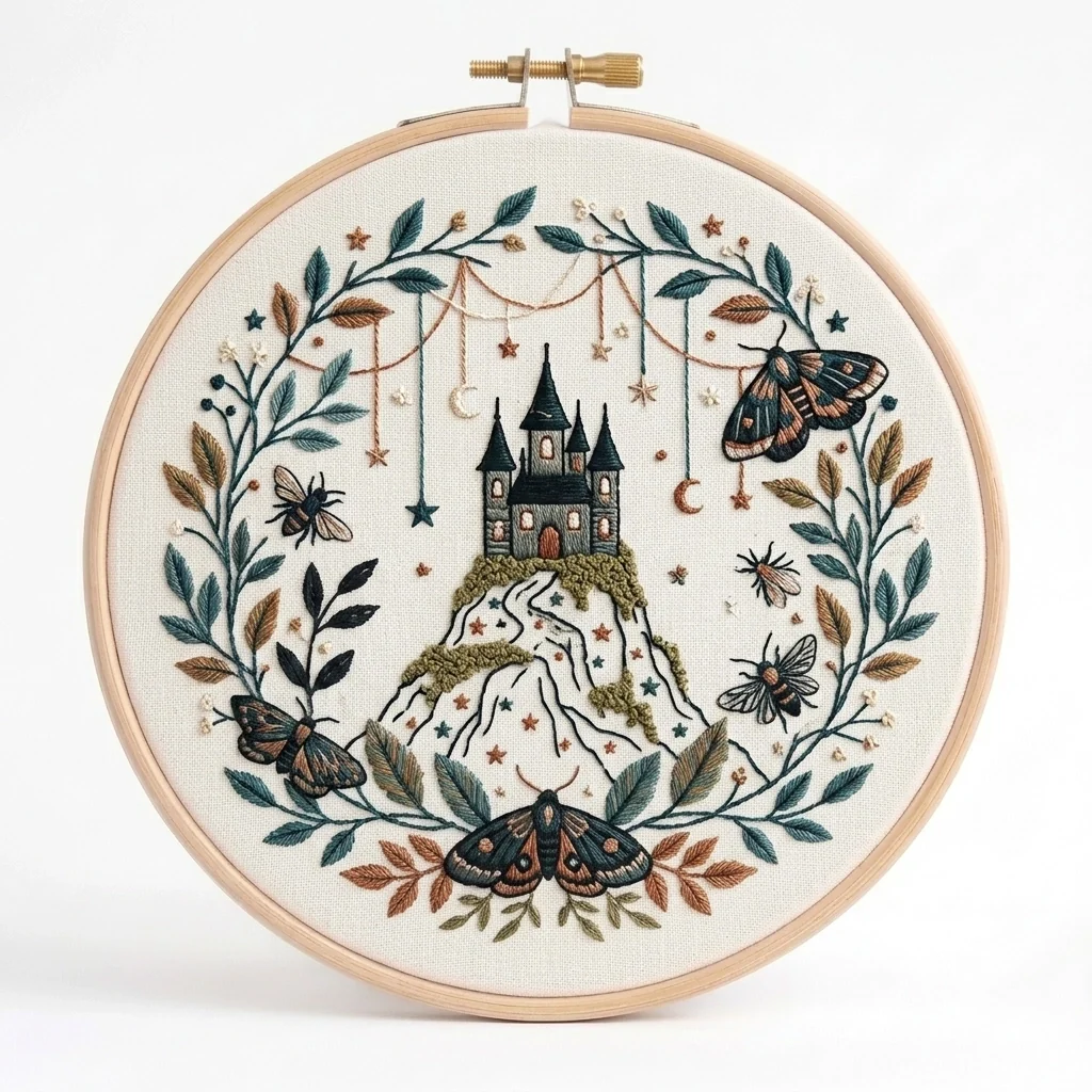 Moonlit Castle Moths Botanical Wreath colored hand embroidery design