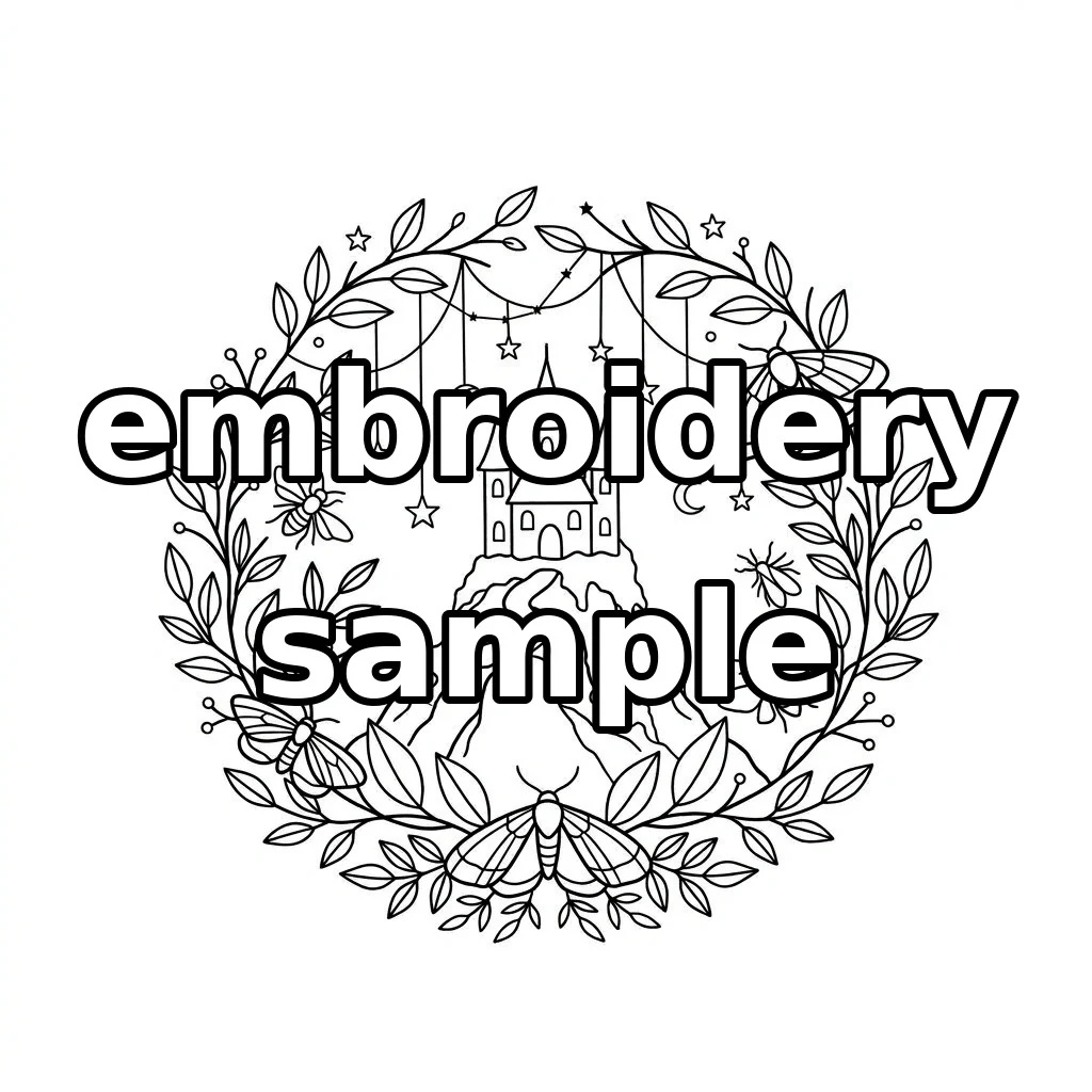 Watermarked Moonlit Castle Moths Botanical Wreath embroidery outline