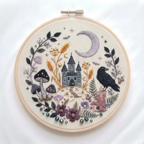 Moonlit Castle Raven Woodland Florals hand embroidery design