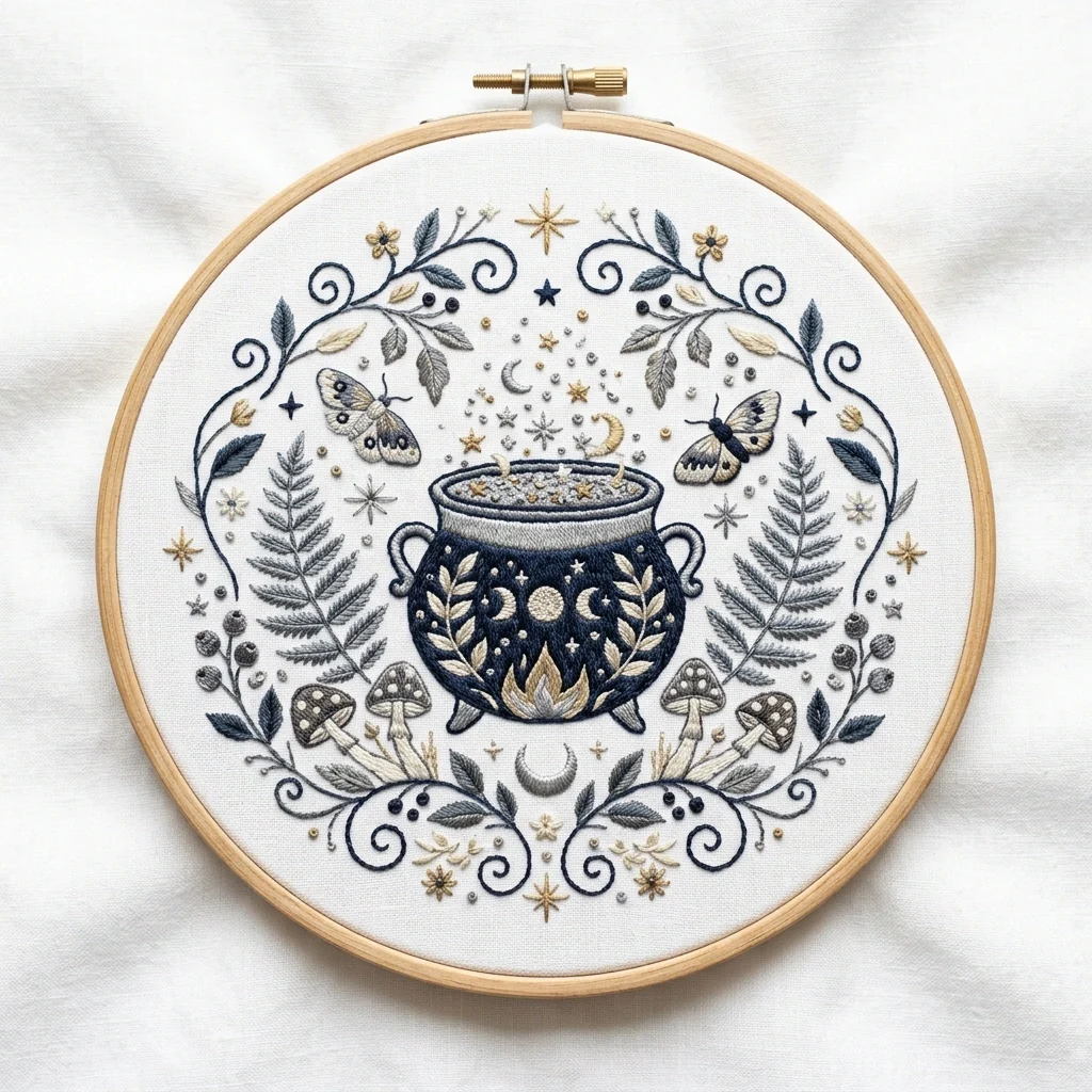 Moonlit Cauldron Moths Woodland Botanicals colored hand embroidery design