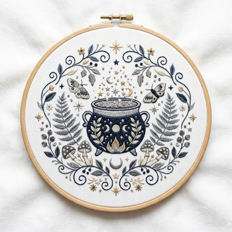 Moonlit Cauldron Moths Woodland Botanicals hand embroidery design