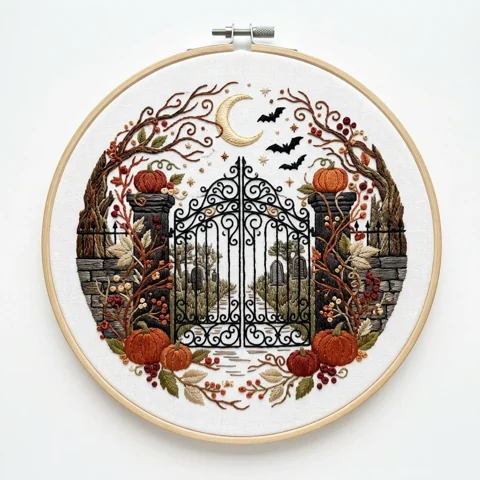 Moonlit Cemetery Gate hand embroidery design