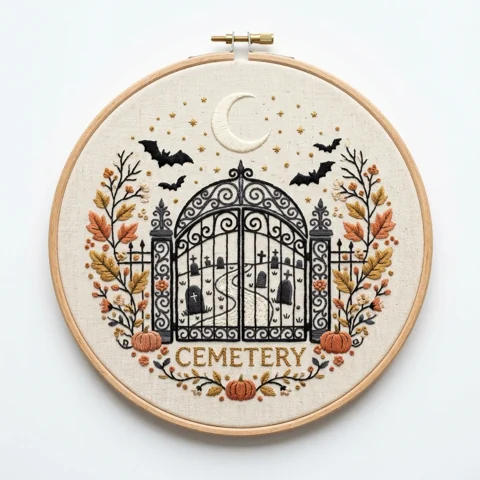 Moonlit Cemetery Gate Autumn Botanicals hand embroidery design
