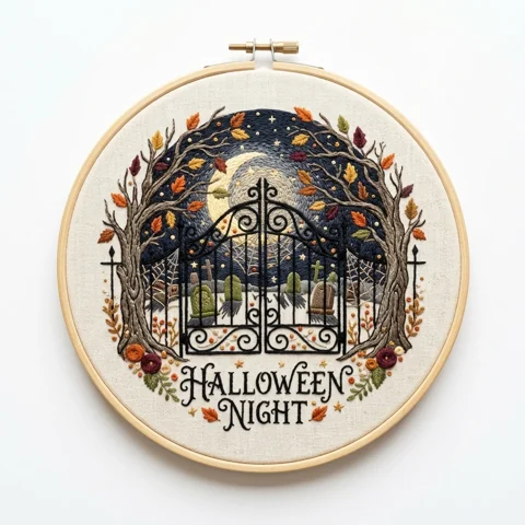 Moonlit Cemetery Gate Halloween Night hand embroidery design