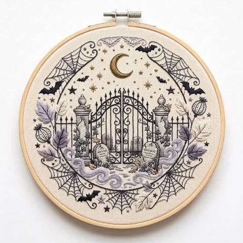 Moonlit Cemetery Gate with Webs Lavender Foliage hand embroidery design
