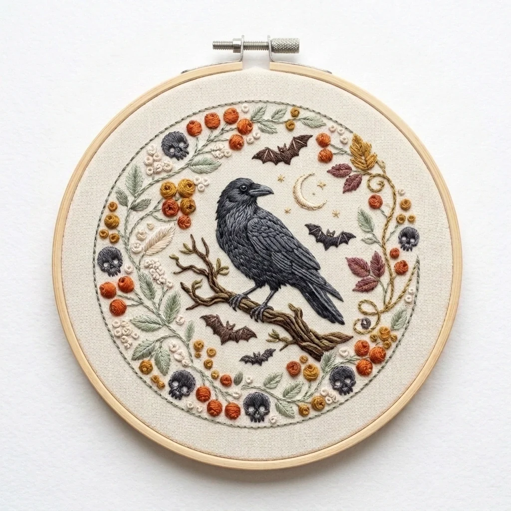 Moonlit Crow Bats Skull Botanical Wreath colored hand embroidery design