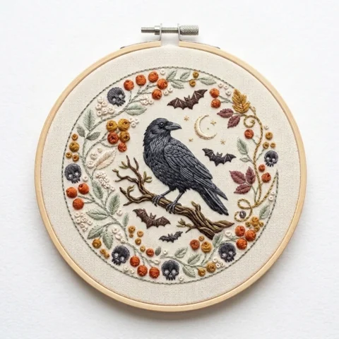 Moonlit Crow Bats Skull Botanical Wreath hand embroidery design