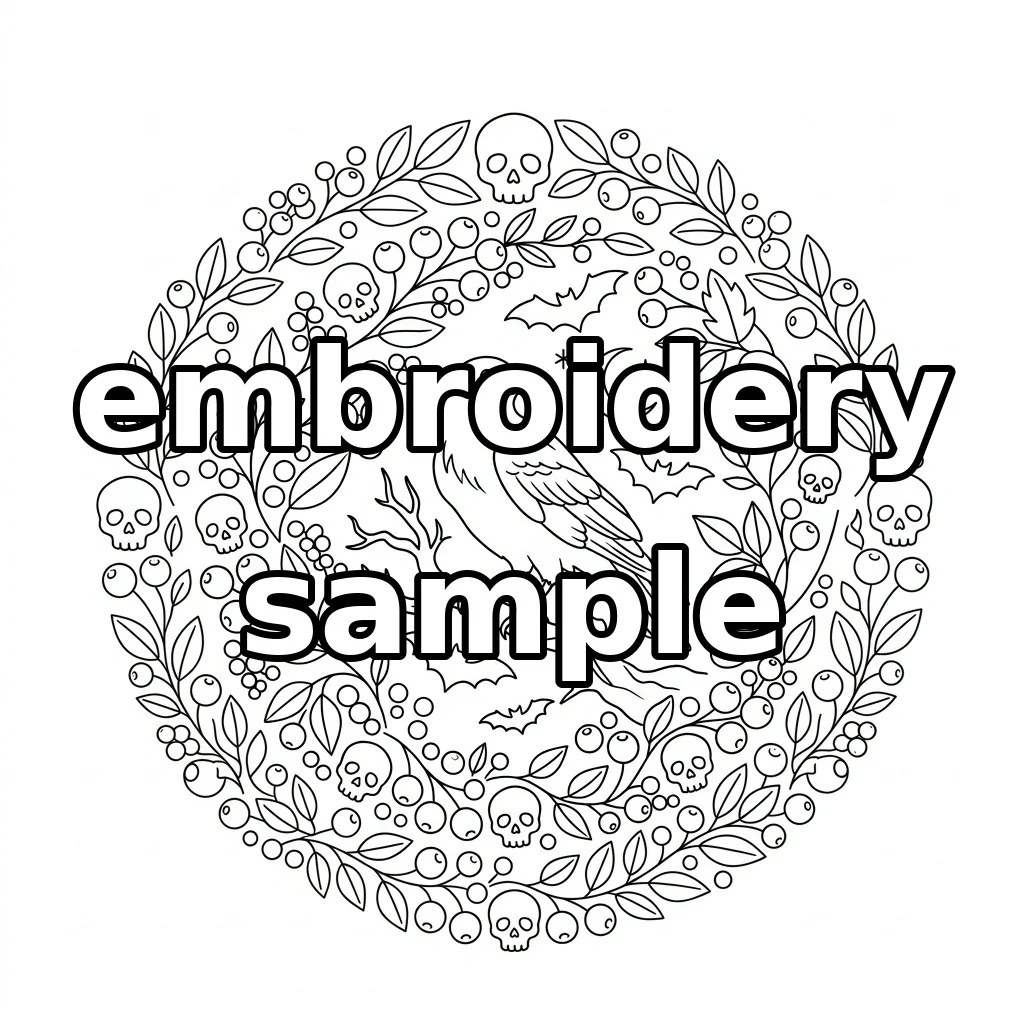 Watermarked Moonlit Crow Bats Skull Botanical Wreath embroidery outline