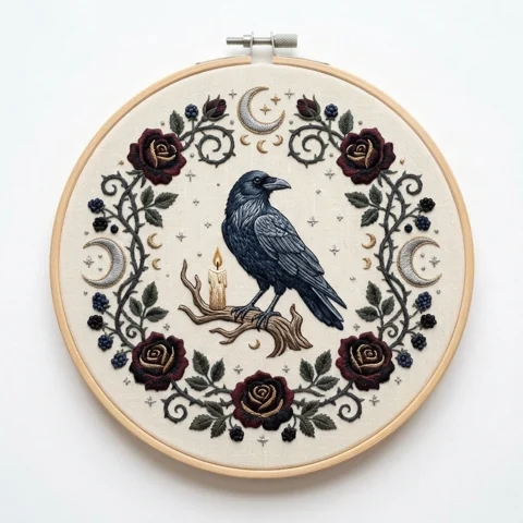 Moonlit Crow Candle Burgundy Rose Wreath hand embroidery design